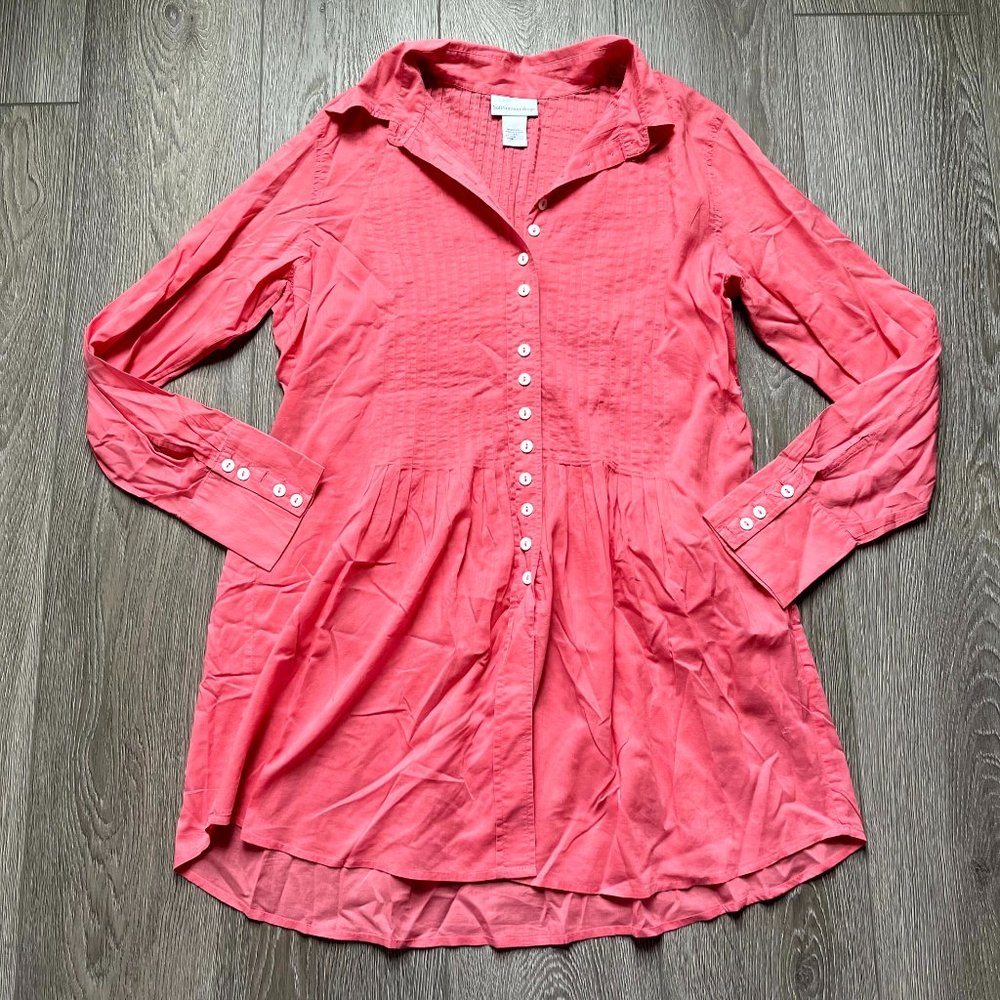 soft surroundings pleated button down tunic shirt cotton coral